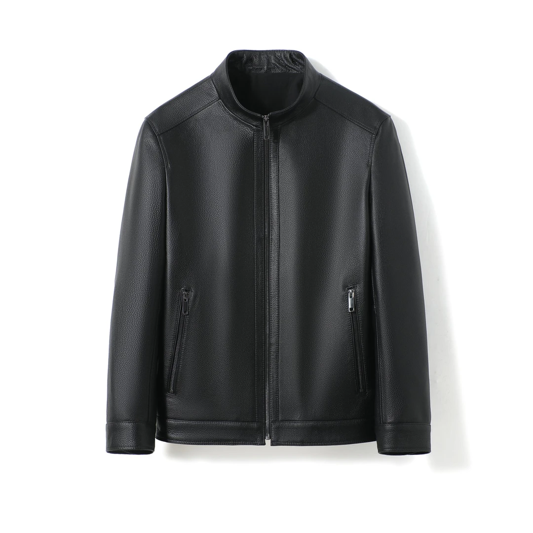 牛皮简约时尚休闲小立领百搭夹克春秋短款单皮