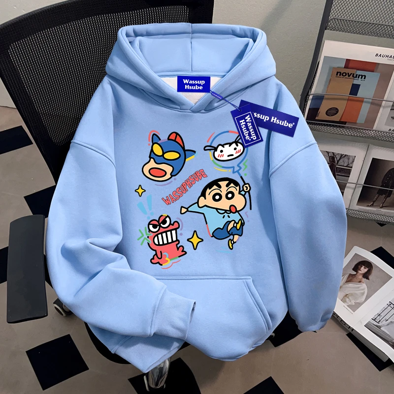 WASSUP HSUBE蜡笔小新趣味卡通情侣连帽卫衣美式潮流百搭上衣ins