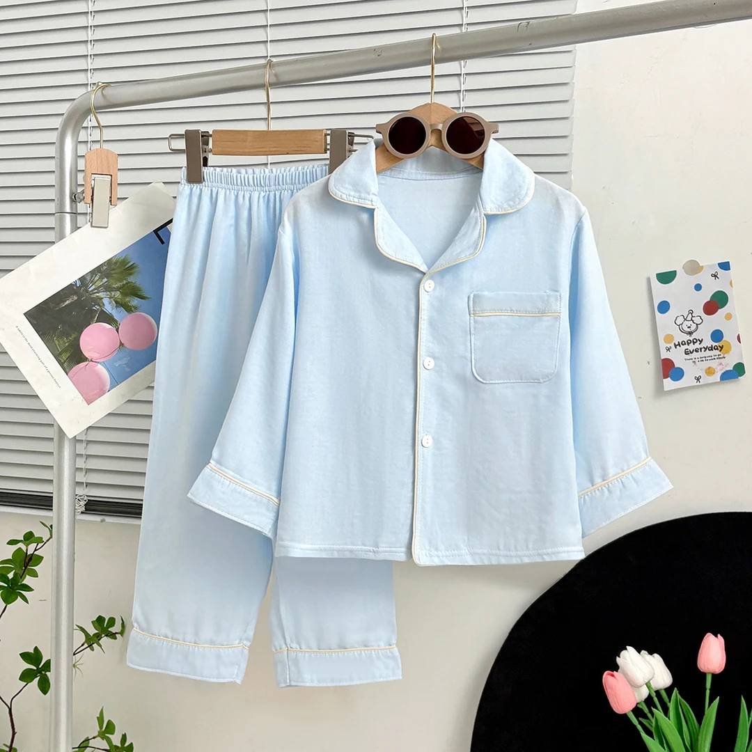 新款儿童睡衣竹棉套装夏季薄款家居服翻领开衫男女童长袖空调服