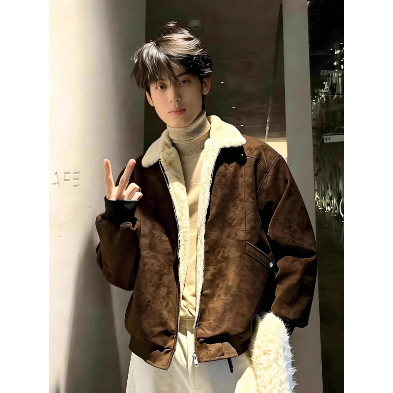 雾面扎染PU皮羊羔绒棉服男款冬季加绒保暖棉衣美拉德短款痞帅夹克