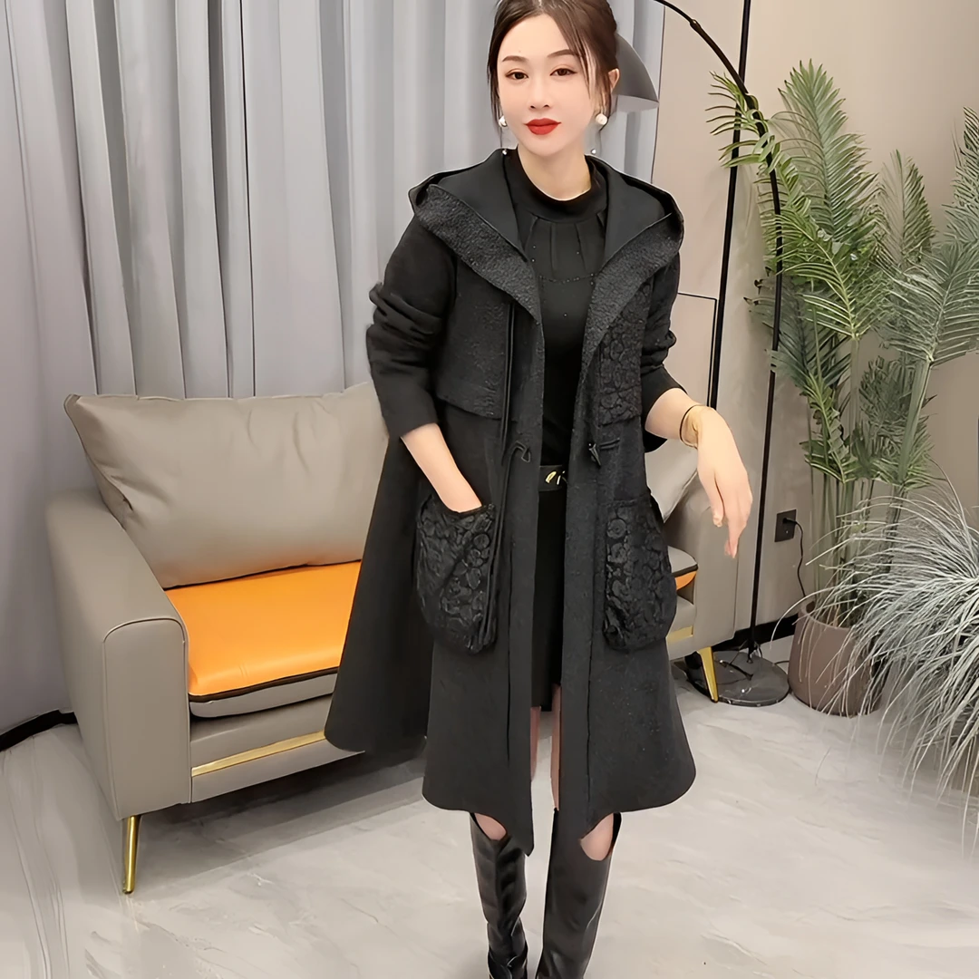 2025秋冬新款国风复古时尚拼接休闲立体浮雕毛呢中长款外套大衣女