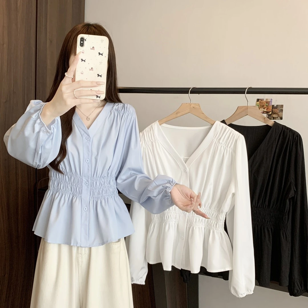 季念大码女装秋季新款收腰纯色衬衫长袖休闲气质洋气衣服衬衣女潮