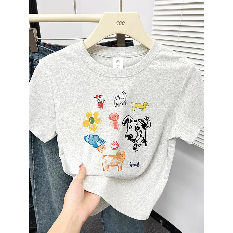 韩系减龄圆领短袖印花T恤女夏季新款正肩大码休闲百搭设计感上衣