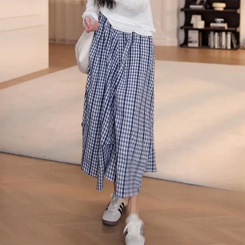 蕾丝不规则格子半身裙女2025年春夏季新款显瘦气质中长裙长裙裙子