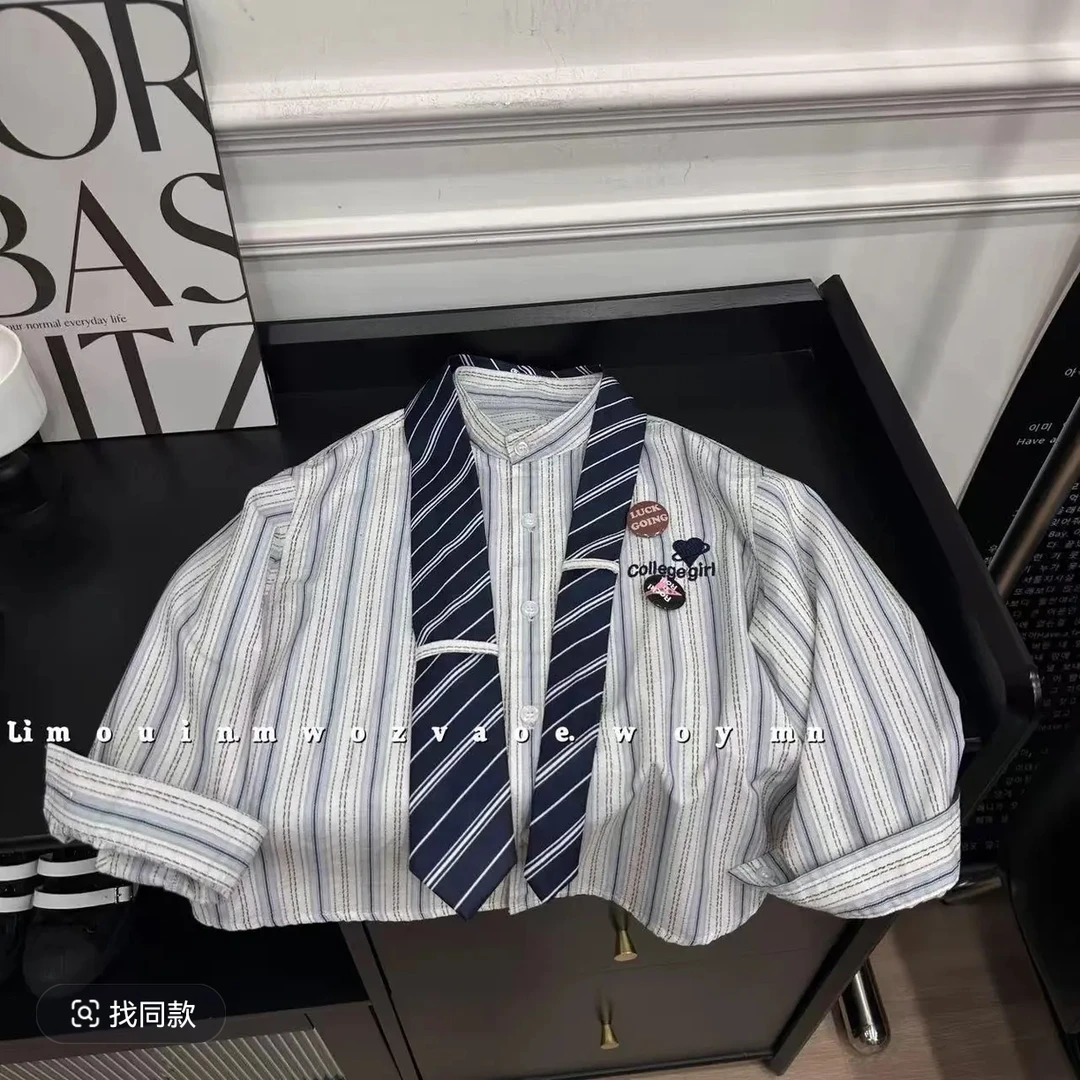 男童韩版学院风条纹衬衫2025春秋季新款撞色宽松刺绣领带时髦上衣