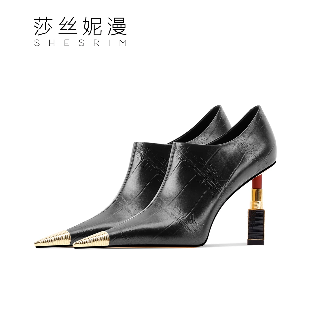 2025冬季踝靴口红跟尖头压纹冬季时装踝靴单里高跟鞋百搭时尚