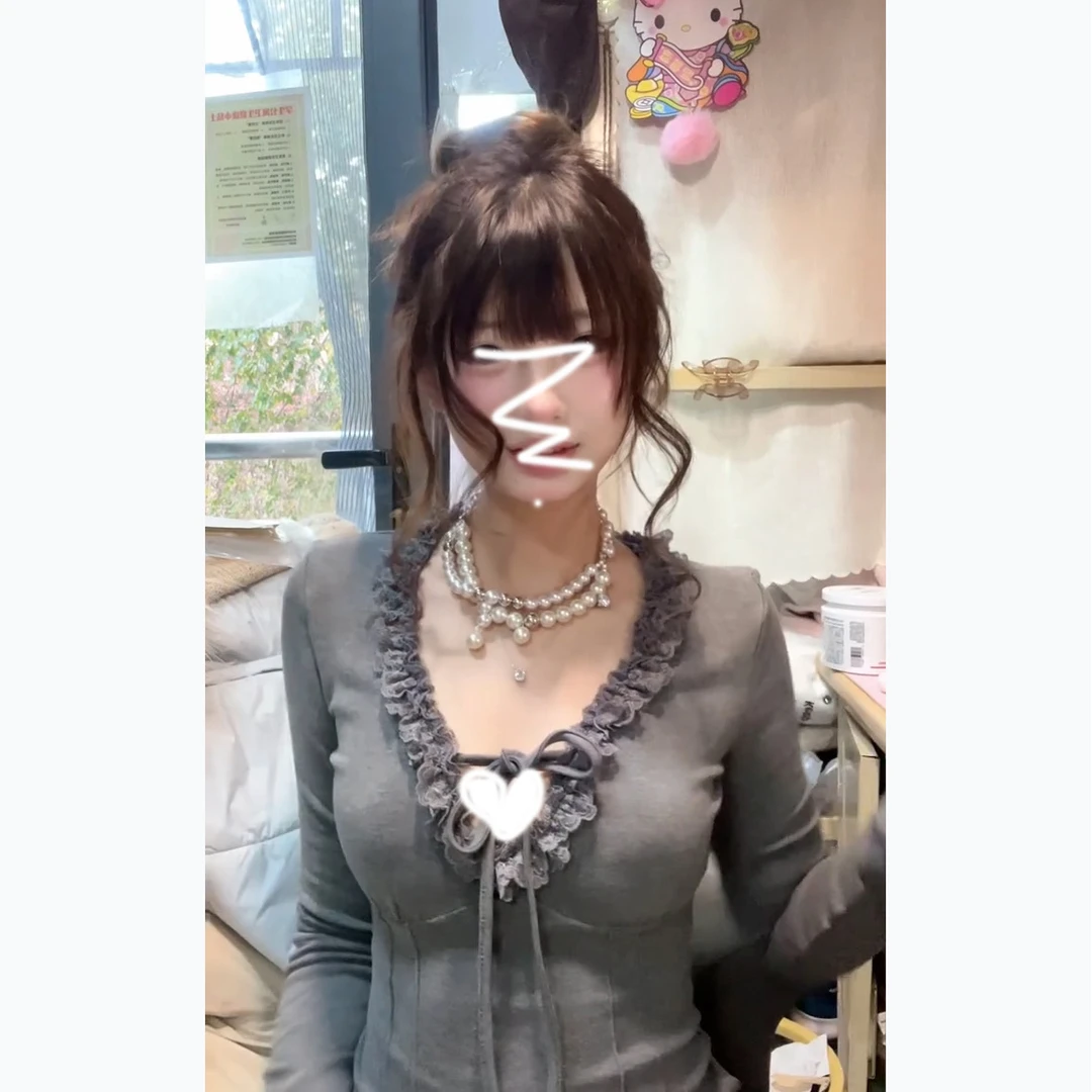 韩系木耳边长袖打底内搭T恤2025新款蝴蝶结系带显瘦上衣