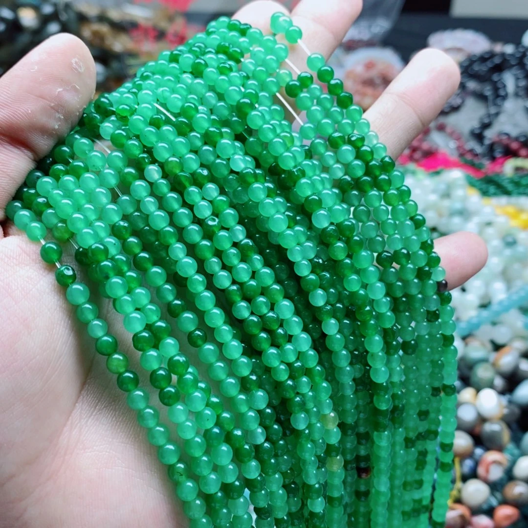 玛瑙/玉髓未镶嵌珠宝半成品一条天然4mm绿玉髓圆珠
