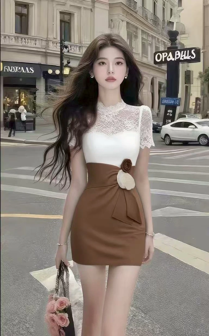 轻奢气质名媛高端女装棕色修身短袖收腰包臀蕾丝连衣裙女小众设计