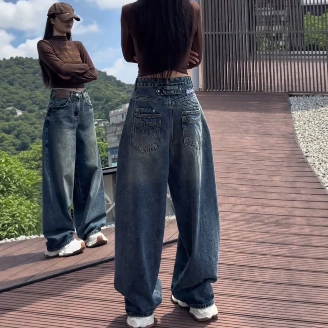 加绒加厚弯刀阔腿牛仔裤女秋冬2025新款高腰胖mm显瘦直筒拖地裤子
