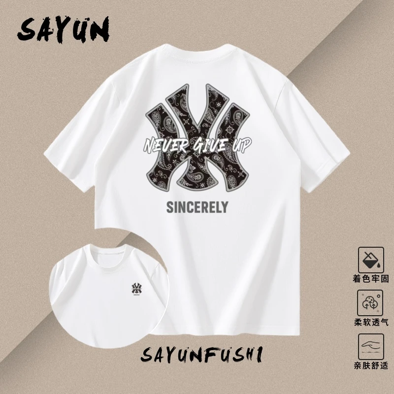 新款纯棉半袖情侣上衣休闲高街圆领t恤夏季短袖圆领印花-AB面WY