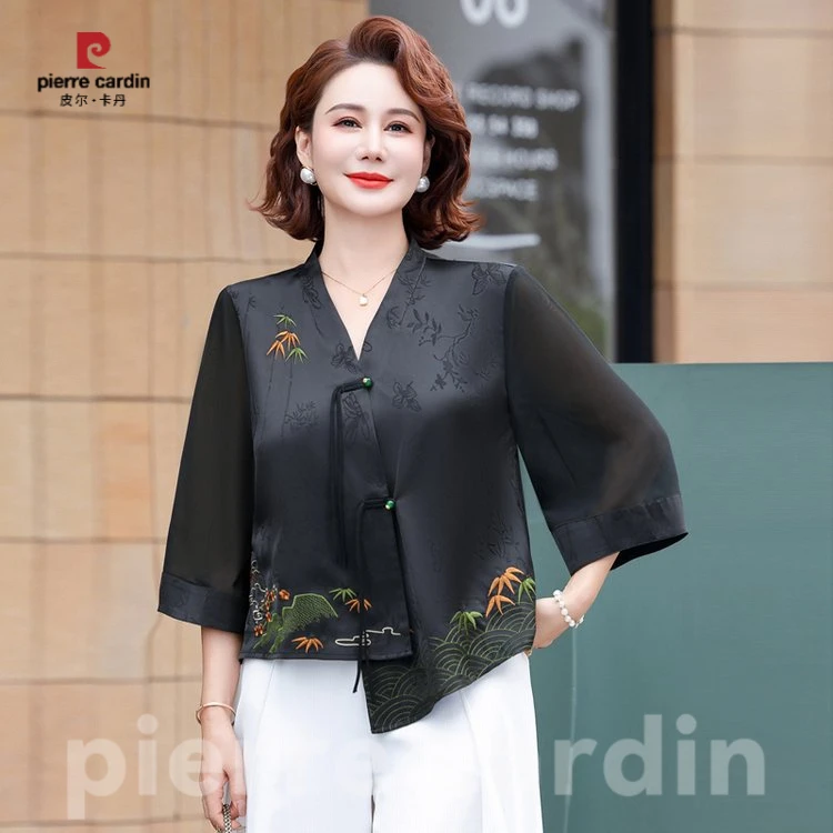 皮尔卡丹新中式妈妈夏装洋气衬衫套装2025新款中老年国风刺绣上衣