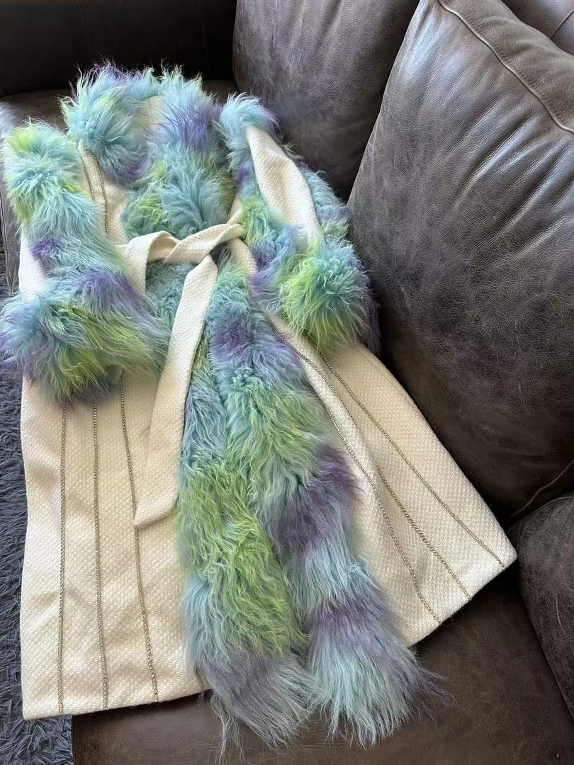 A553 时尚绿色编织中长款设计师秋冬冬季拼接轻奢外套