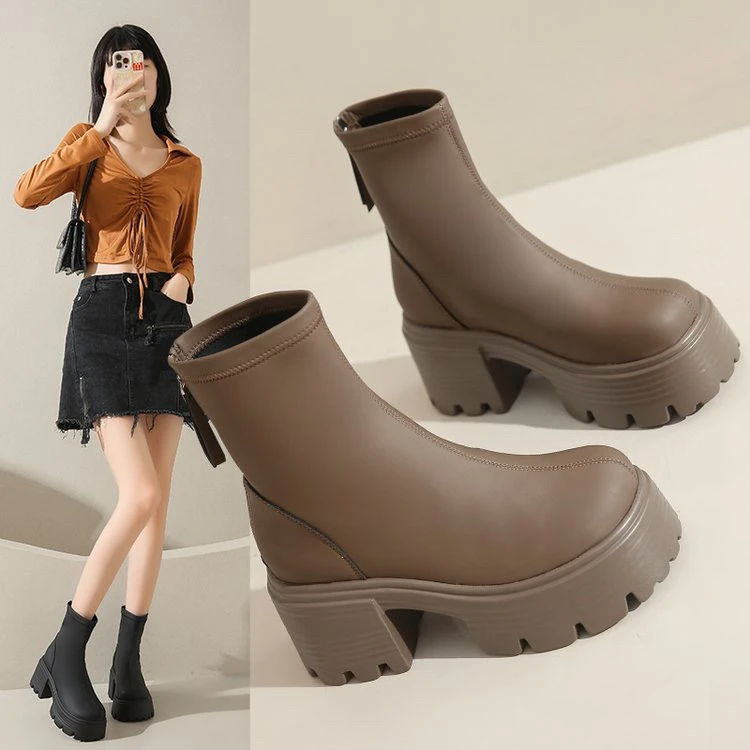 【专柜撕标】小个子法式小蜾靴厚底靴子女2025新款洋气小短靴高跟女