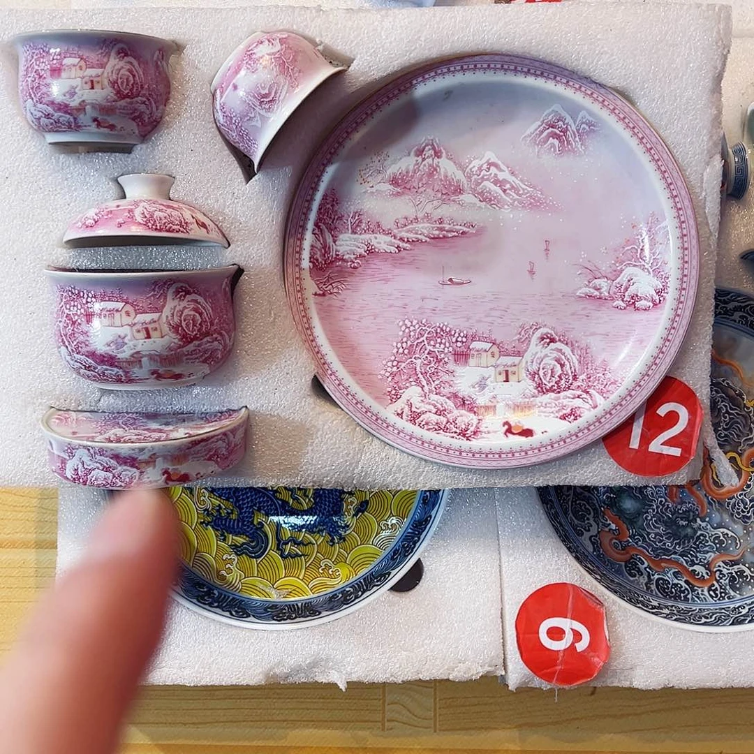 嗜***茶描金胭脂粉雪景五件套