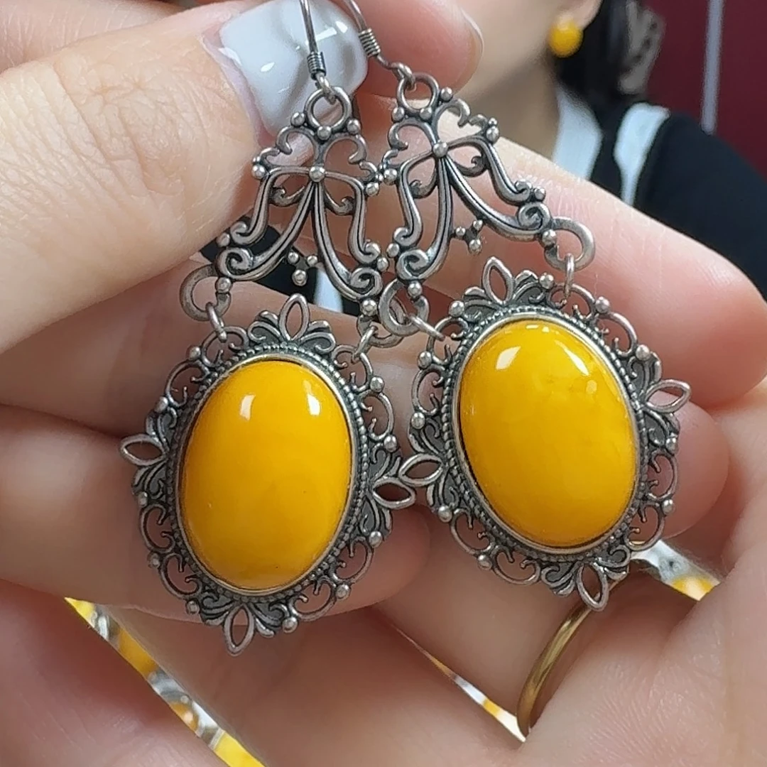 蜜蜡银S925镶嵌耳饰耳坠