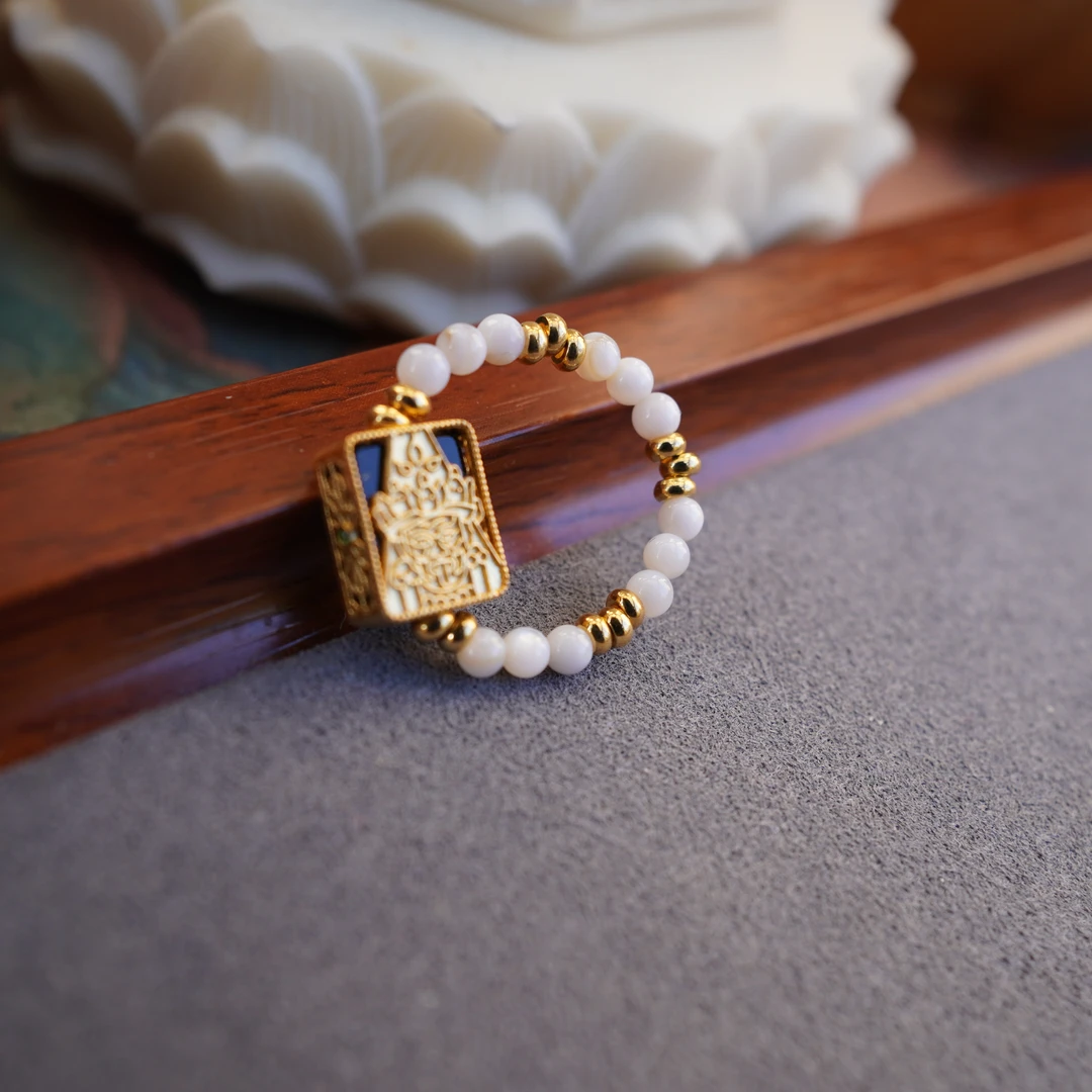 拉萨文创设计扎基娘娘天然黑玛瑙镶嵌弹力绳戒指