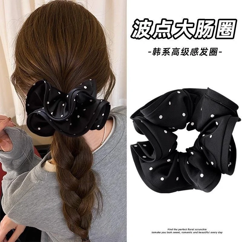 法式高级感黑白波点布艺发圈木耳边大肠圈头绳百搭低马尾皮筋发饰