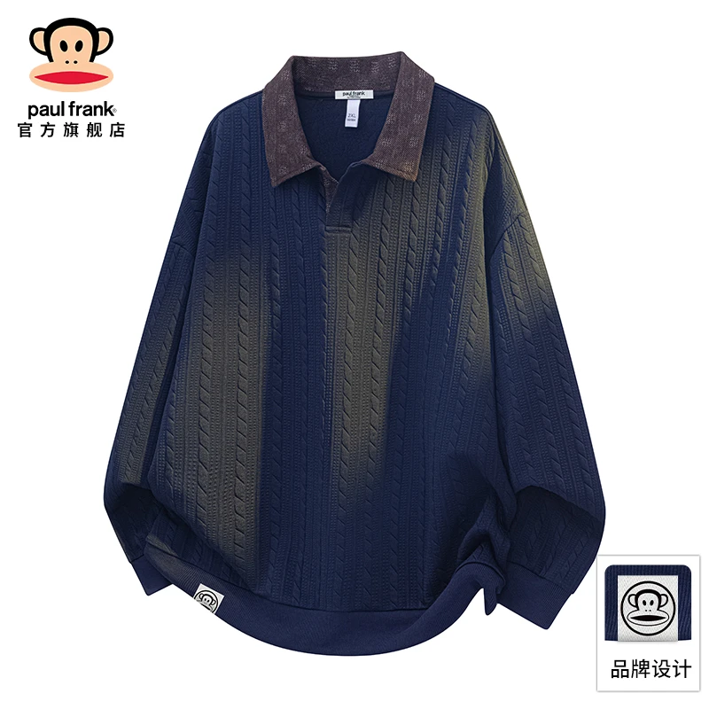 paul frank/大嘴猴设计感提花拼色卫衣男士秋冬新款潮流宽松上衣