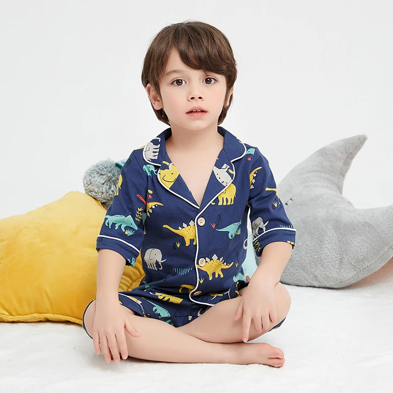 儿童纯棉家居套男童睡衣两件套夏季薄款大恐龙家居套装短袖宝宝