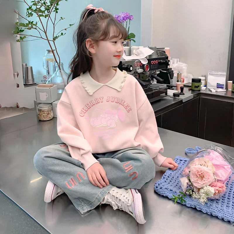 女童2025秋款新款洋气百搭花边领长袖印花粉色卫衣S182
