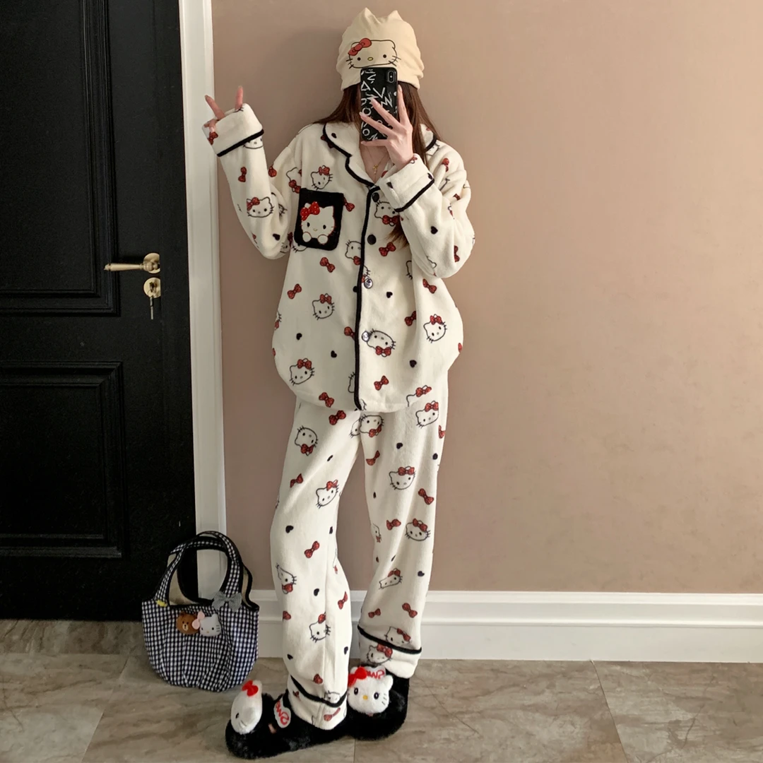 日系ins睡衣女冬季新款法兰绒网红可爱KT猫珊瑚绒宽松家居服套装
