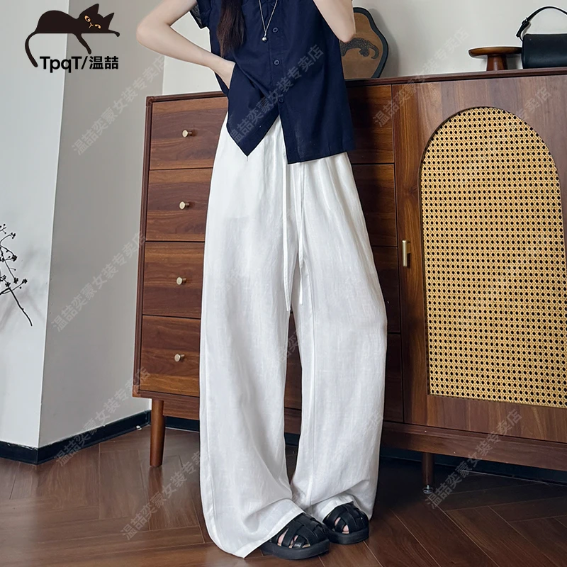 TpqT/温喆 老钱风白色天丝亚麻薄款显瘦百搭透气运动直筒休闲裤