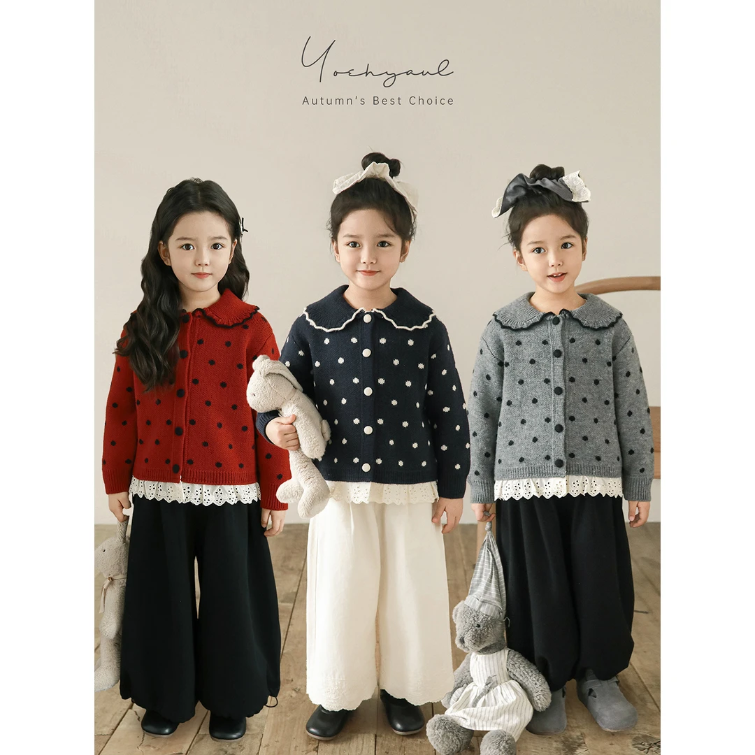 清 幼悠【波点童萌】冬贰波女童童装 可爱波点针织开衫Q4627