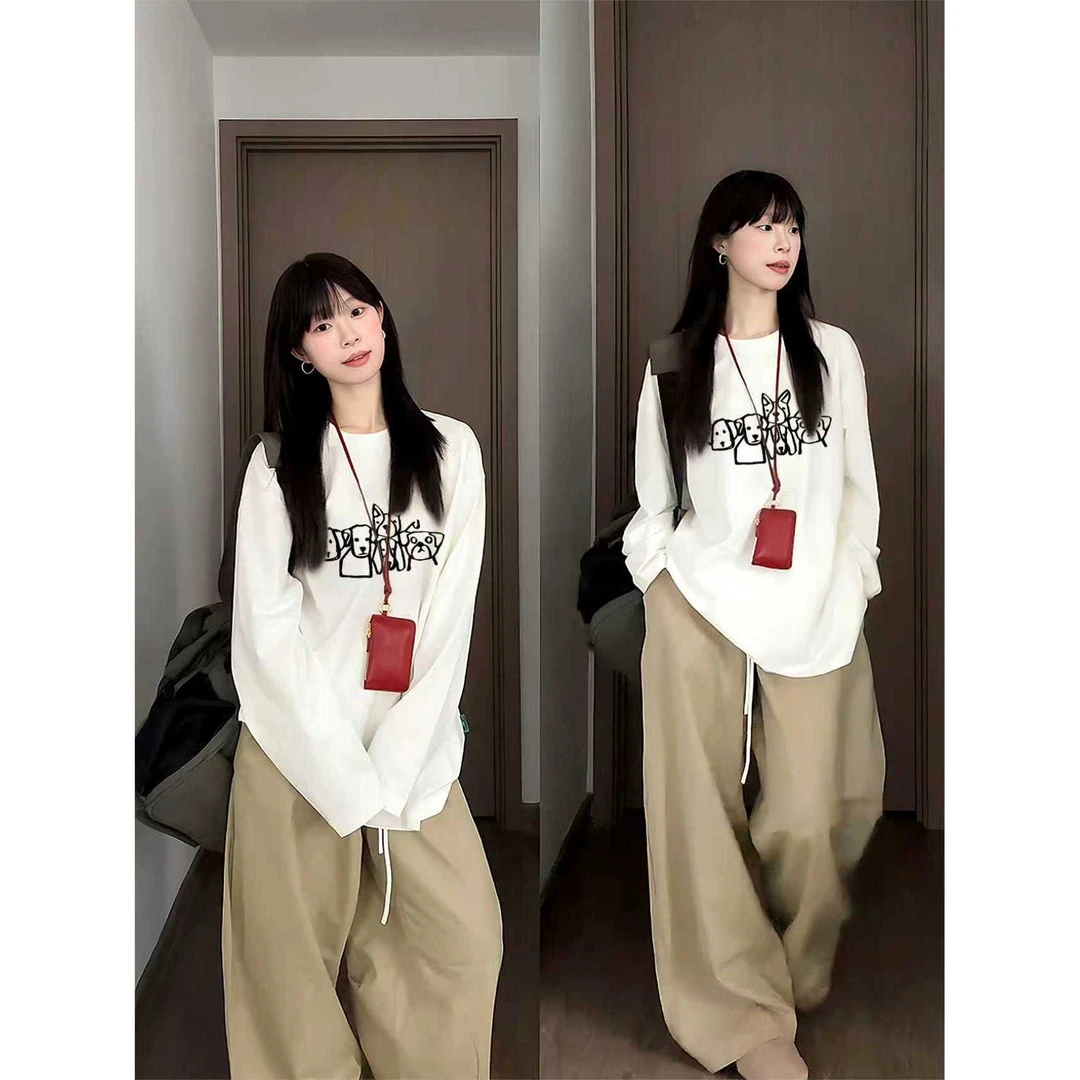 纯棉白色狗狗印花长袖打底衫t恤女早秋款宽松大码中长款外穿上衣