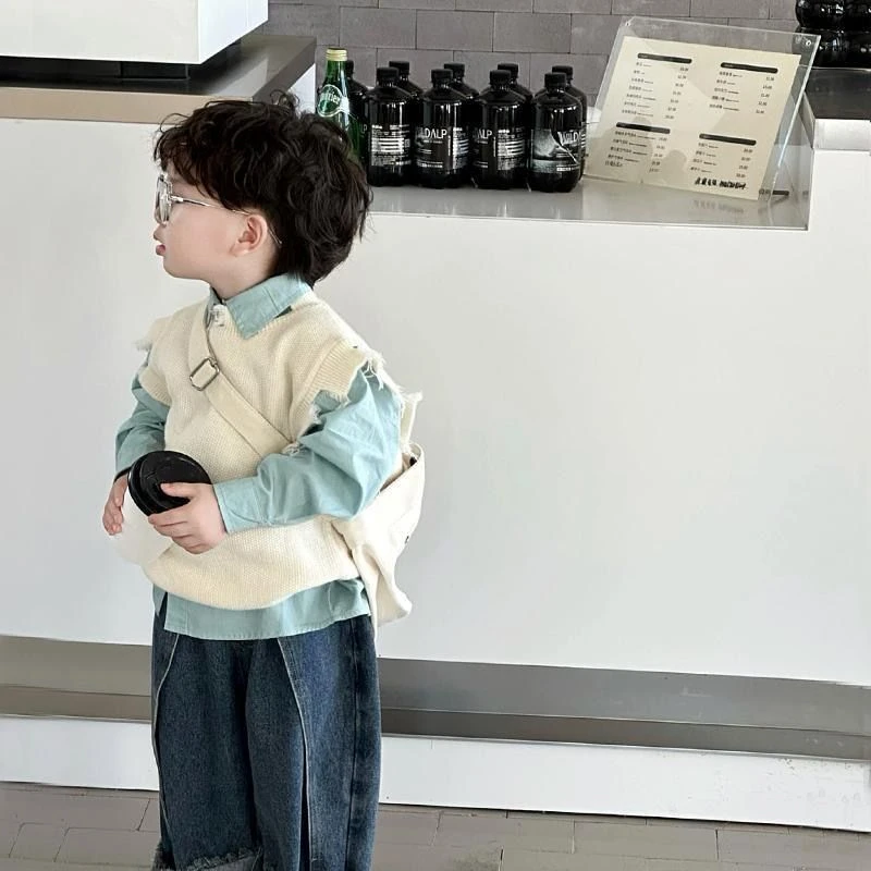 春季儿童套装破烂毛衣蓝衬衫牛仔裤三件套宝宝日生礼服男童春秋款