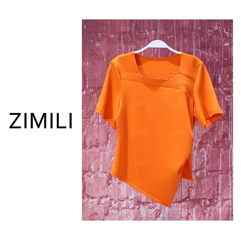 【亮哥女装】爱玛橙异形领束腰显瘦时尚休闲短袖短袖衫9530