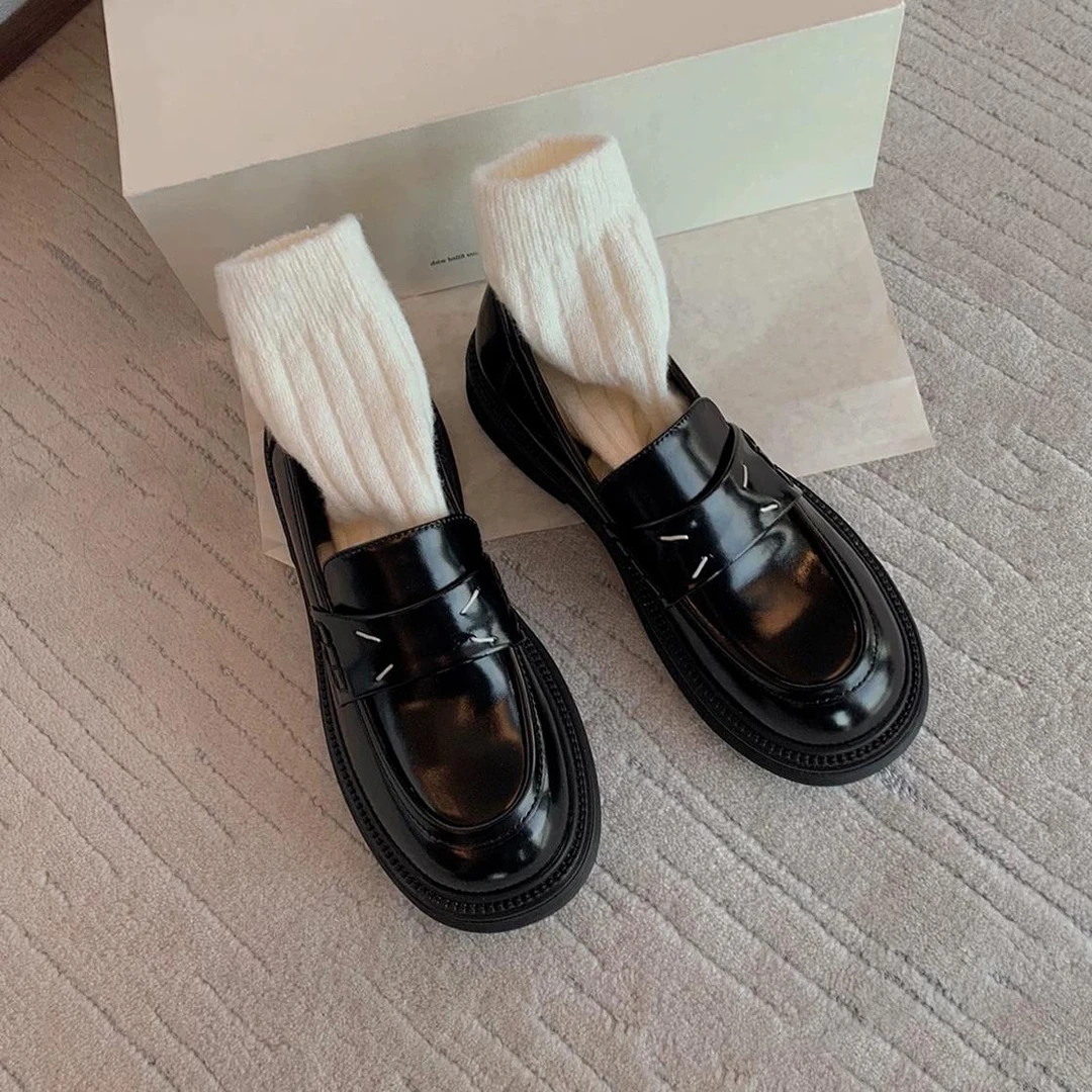 羊皮版~时髦英伦圆头小厚底增高乐福鞋小皮鞋女松糕单鞋