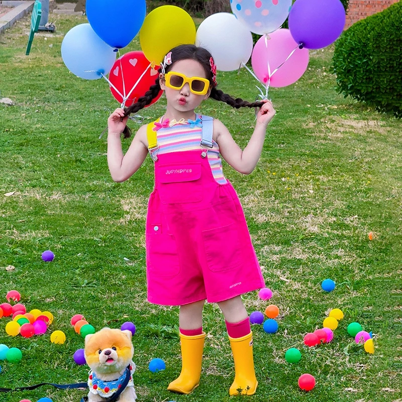 小女孩无袖两件套夏季2025新款女童时髦夏装儿童多巴胺背带裤套装