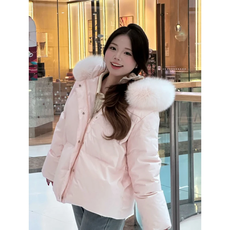 粉色减龄冬季大毛领加厚保暖连帽宽松慵懒风棉服外套女面包服洋气