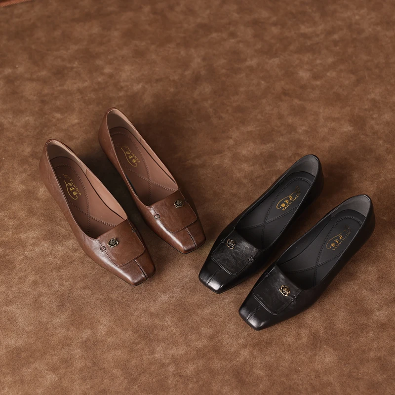 [小麦手工鞋]3cm跟高气质时尚通勤浅口真皮鞋子女款网红款百搭