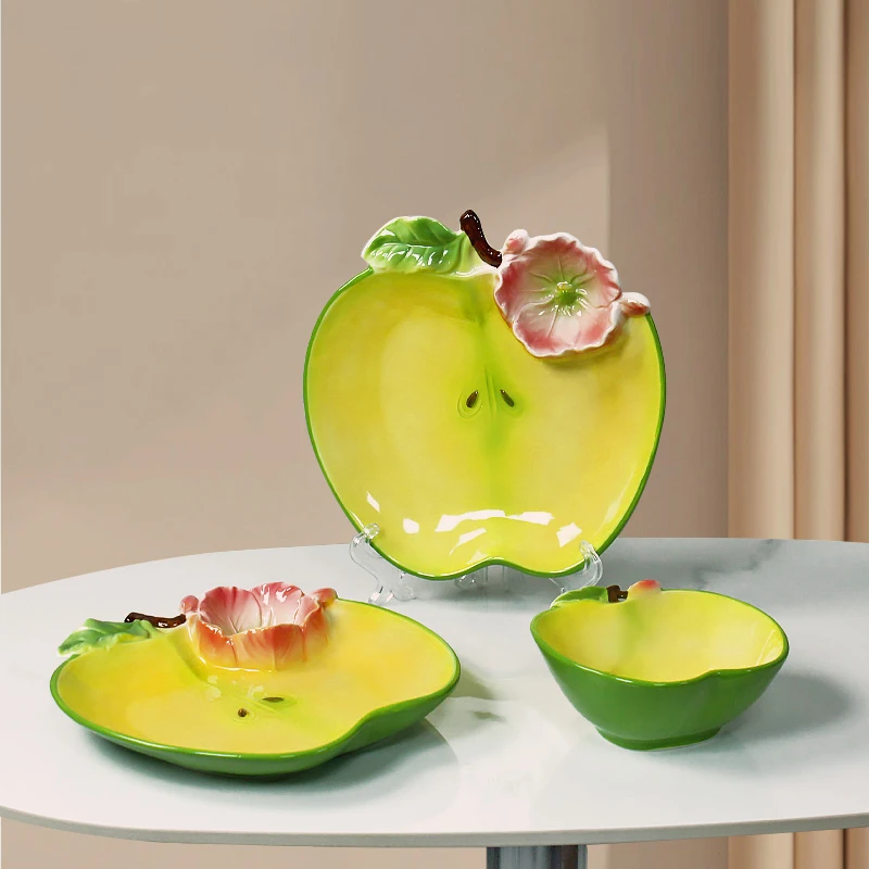 珐琅彩苹果碗 早餐酸奶碗 苹果饺子盘 创意带醋碟子母盘 白灼虾盘
