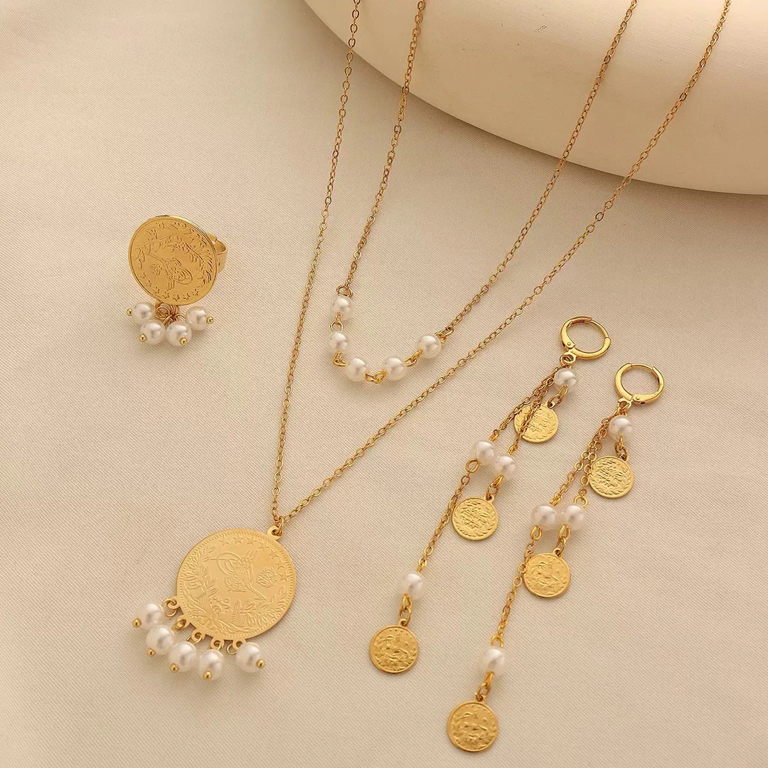 铜合金仿珍珠吊坠 新品Xyaner珍珠鱼尾流苏耳环金属圆片项链套装