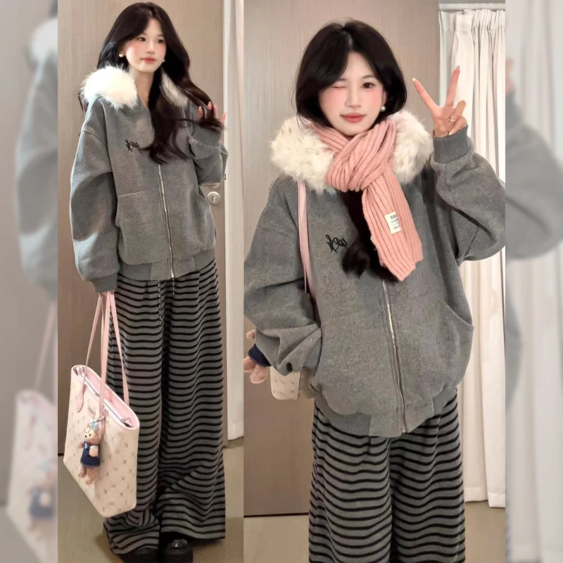 加绒加厚条纹阔腿裤女2025秋冬新款慵懒感宽松显瘦百搭高腰休闲裤