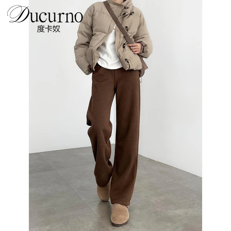 美拉德棕咖色直筒裤女2025秋冬高腰毛呢小个子加绒人字纹阔腿裤子
