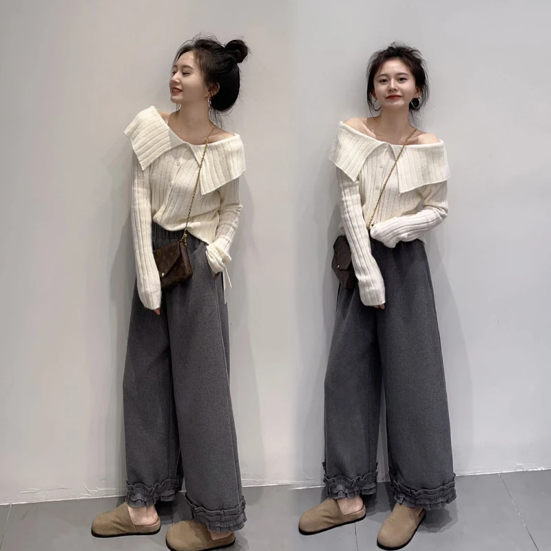 极简风慵懒风时尚一字肩上衣套装显瘦裤子上衣秋冬洋气针织衫套装