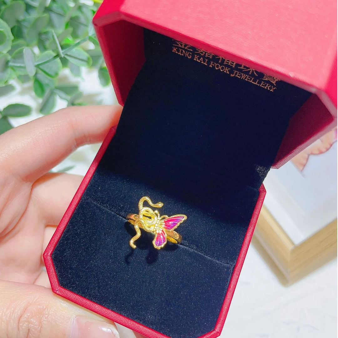 金嘉福足金999灵蛇蝴蝶戒指5G带彩开口可调节本命年必备