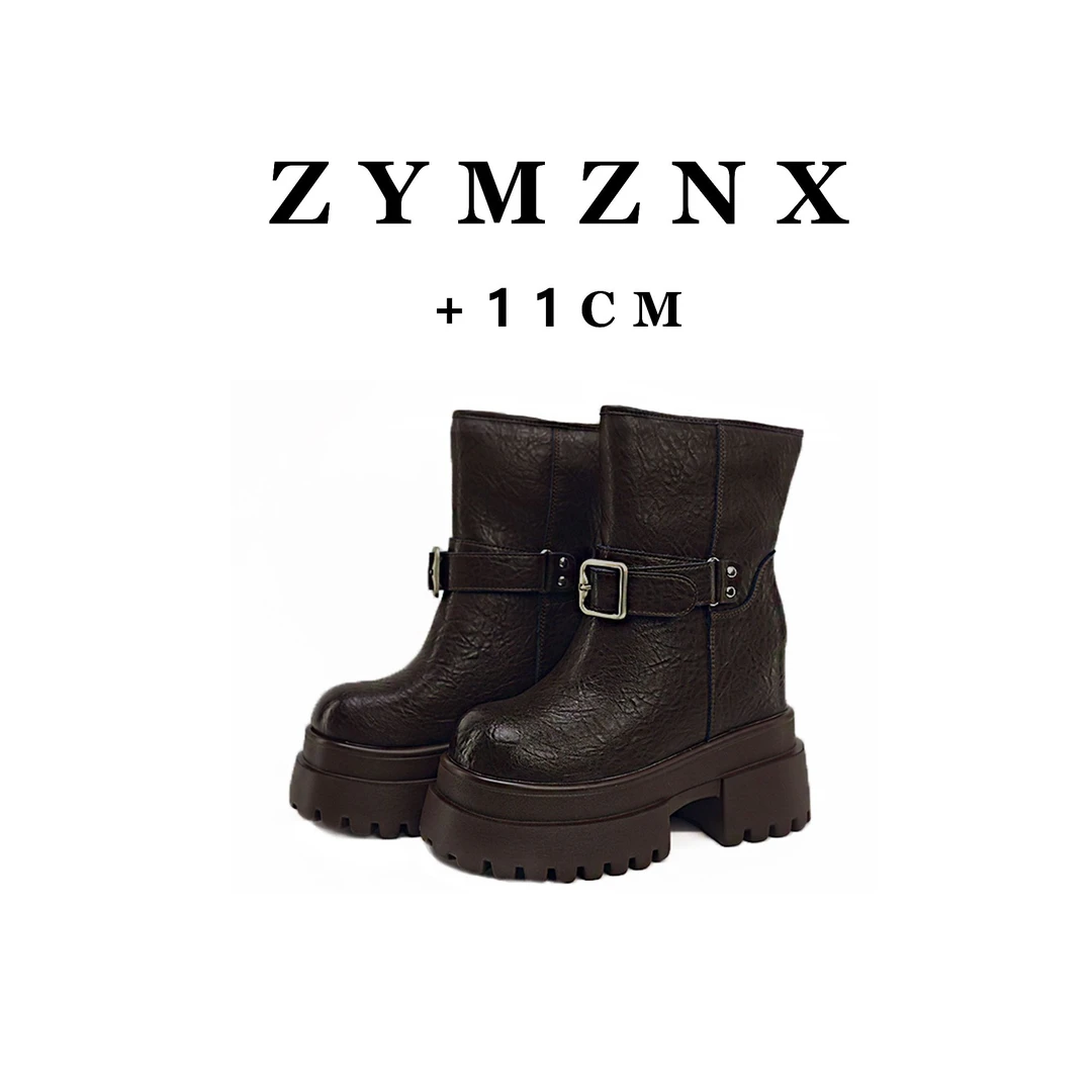 （平增高12cm）新款时尚英伦风百搭粗跟厚底潮流女靴9326-9