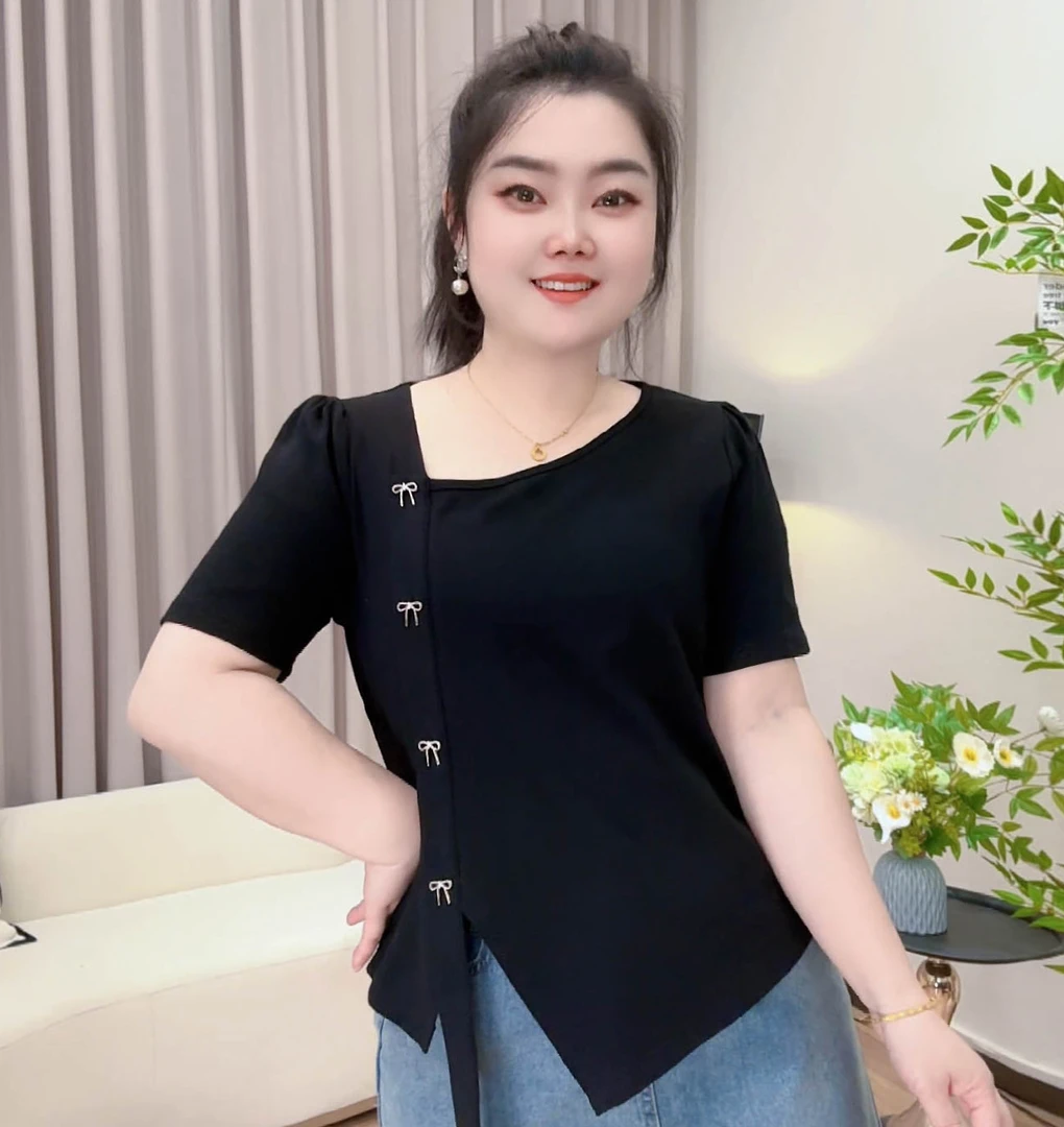大码短袖T恤女2025夏季时尚百搭设计感蝴蝶结不规则短袖上衣