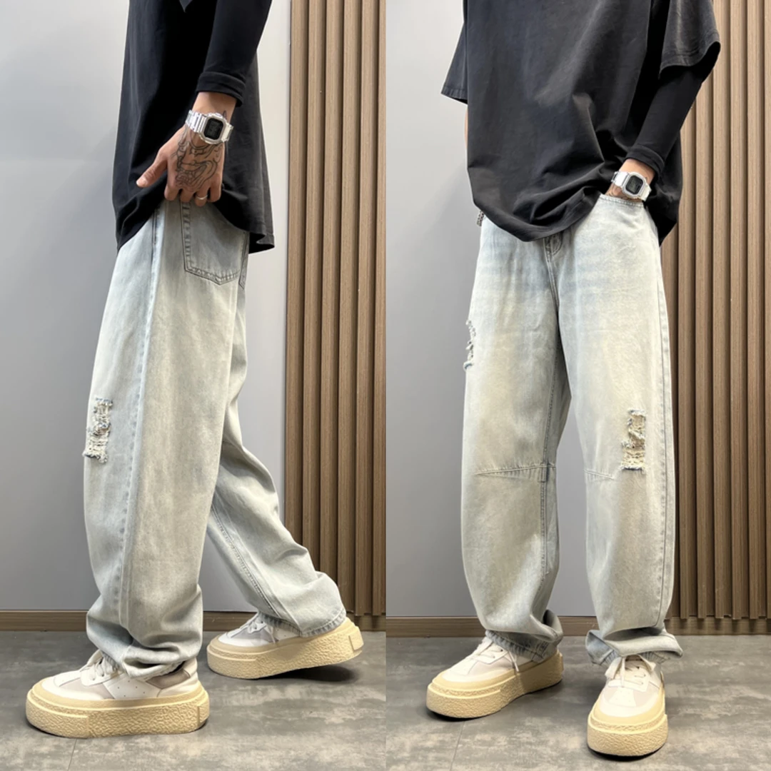 美式高街复古垂感破洞休闲水洗弯刀裤夏季薄款直筒百搭阔腿牛仔裤