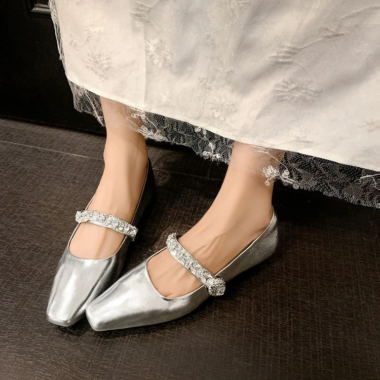 法式银色方头玛丽珍平底鞋女一字带真皮软底水钻轻奢单鞋2025