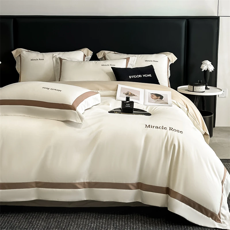 高级感100％纯棉四件套高档轻奢纯色双面全棉时尚绣花宽边被套床单