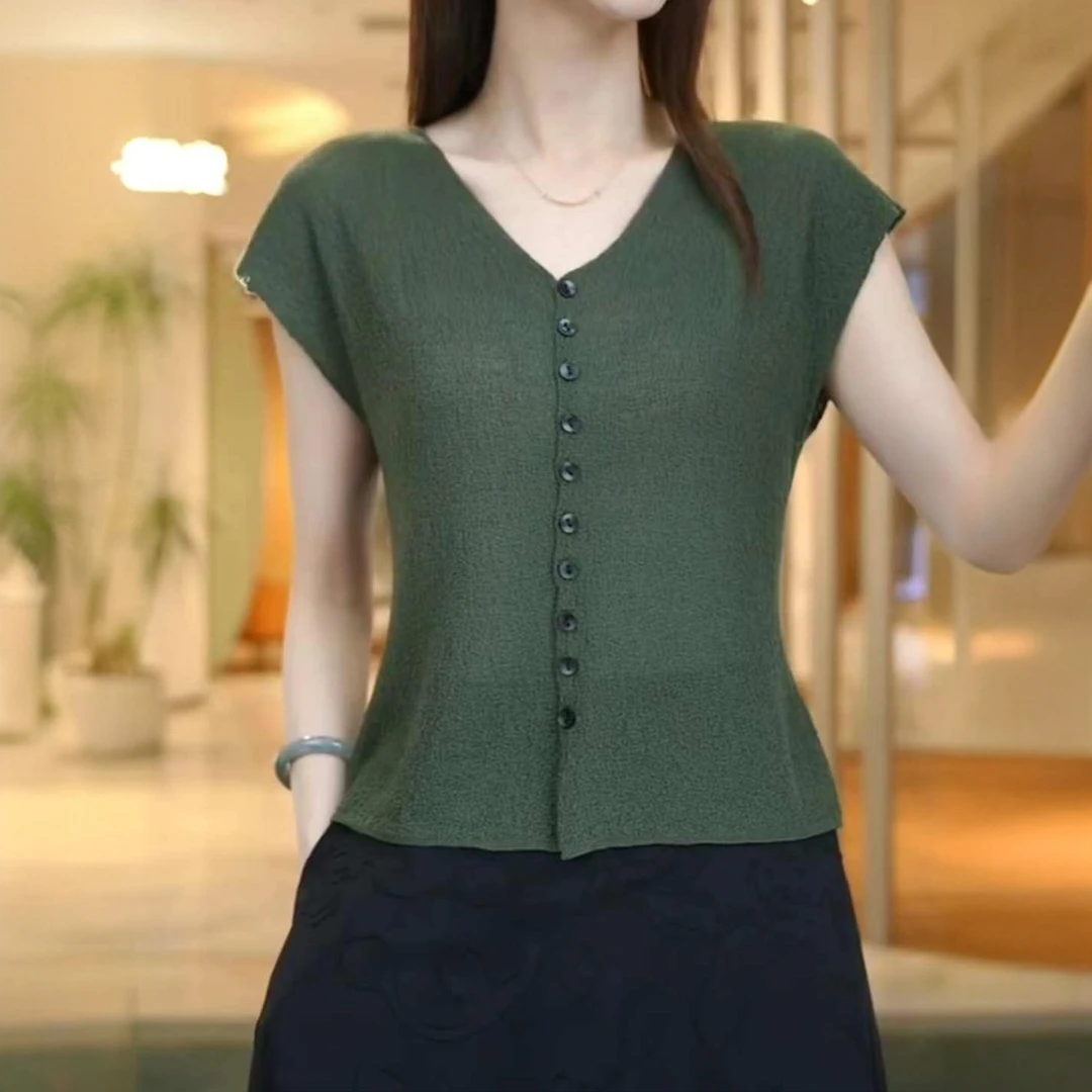夏季薄款冰丝短袖t恤女洋气针织开衫妈妈装宽松显瘦配裙子T恤上衣