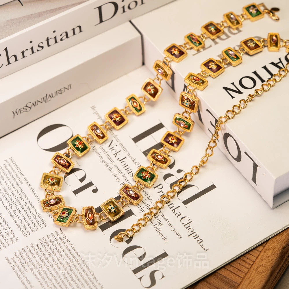 古法镀金手工雕刻珐琅彩色天然石腰链