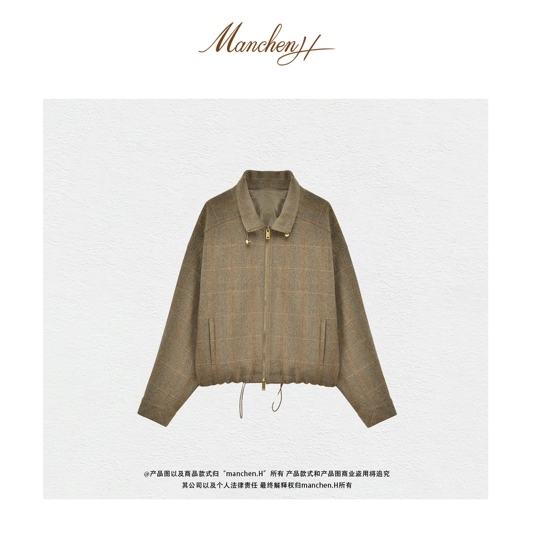 曼辰manchenh"暮光领航”LP同源面料色织羊绒羊毛格纹拉链夹克外套
