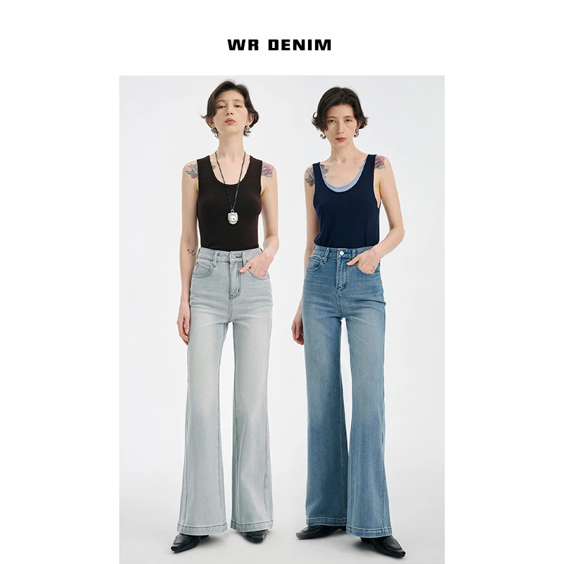 WRDENIM 冷肤灰修身显瘦微喇叭牛仔长裤女高腰直筒喇叭裤 583